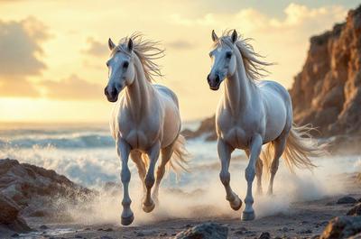 Primary subject: Two white horses running on the beach.

Setting/background: The beach with waves crashing on the shore.

Visual style: The image is a photo of the two horses running on the beach.

Colors and mood: The image has a warm and vibrant color palette, with the white horses contrasting against the beach's natural surroundings.