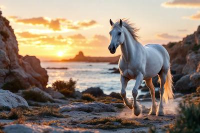 Primary subject: A white horse running on the beach.

Setting/background: The horse is running on a beach near the ocean, with a rocky landscape in the background.

Visual style: The image is a photo of the horse running on the beach.

Colors and mood: The image has a warm and serene atmosphere, with the white horse standing out against the natural backdrop of the beach and rocks.