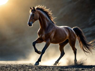 Primary subject: A brown horse running on a dirt road.

Setting/background: The horse is running on a dirt road, with a mountain in the background.

Visual style: The image is a photo of the horse in motion.

Colors and mood: The dominant colors are brown and orange, with a dusty and dynamic atmosphere.