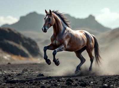 Primary subject: A brown horse running on a dirt field.

Setting/background: The horse is running on a dirt field with mountains in the background.

Visual style: The image is a photo of the horse in motion.

Colors and mood: The image has a sepia tone, giving it a vintage and nostalgic feel. The horse's movement and the natural surroundings create a sense of freedom and adventure.