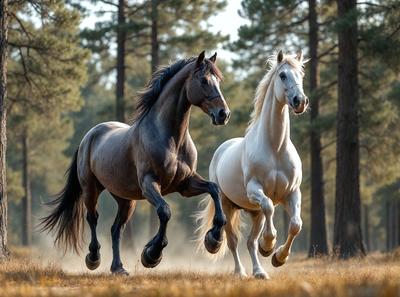 Primary subject: Two horses running through a field.

Setting/background: The horses are running through a grassy field with trees in the background.

Visual style: The image is a photo of the two horses in motion.

Colors and mood: The image has a warm and natural color palette, with the horses' coats and the grassy field creating a sense of movement and energy.