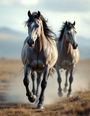 Primary subject: Two horses running in a field.

Setting/background: The horses are running in a grassy field, with mountains visible in the background.

Visual style: The image is a photo of the two horses running in the field.

Colors and mood: The image has a warm and lively atmosphere, with the horses' movement and the grassy field creating a sense of energy and freedom.