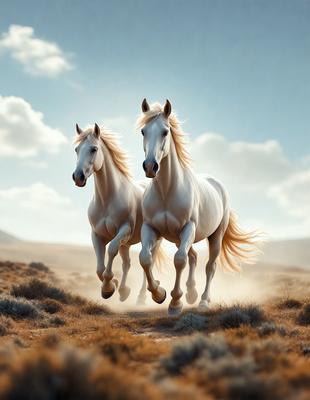 Primary subject: Two white horses running in a field.

Setting/background: The horses are running in a field with grass, and there are mountains in the background.

Visual style: The image is a digital artwork.

Colors and mood: The image has a warm and vibrant color palette, with the white horses and the green grass creating a sense of freedom and energy.
