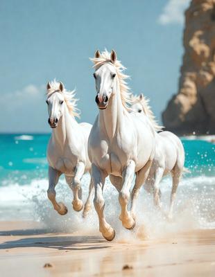 Primary subject: Three white horses running on the beach.

Setting/background: The beach is the backdrop for the scene, with the ocean visible in the background.

Visual style: The image is a photo of the three white horses running on the beach.

Colors and mood: The dominant colors are white and blue, with the white horses and the blue ocean creating a serene and peaceful atmosphere.