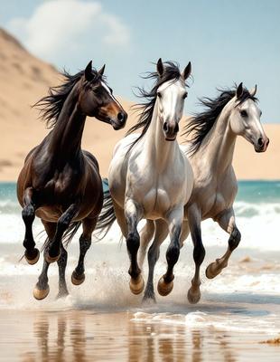 The primary subject of the image is a group of three horses running on a beach. The setting is a sandy beach with a body of water in the background. The visual style is a photo, capturing the horses in motion. The colors and mood of the image are predominantly warm and vibrant, with the horses' white and brown coats contrasting against the sandy beach and the blue water.