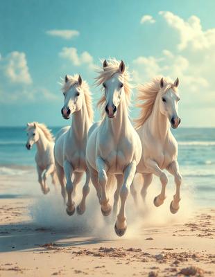 Primary subject: Four white horses running on the beach.

Setting/background: The beach, with the ocean in the background.

Visual style: The image is a digital artwork.

Colors and mood: The colors are predominantly white, with some blue from the ocean, creating a serene and peaceful atmosphere.