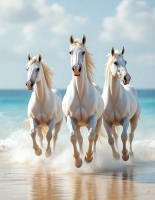 The primary subject of the image is a group of three white horses running on a beach. The setting is a beautiful beach with the ocean in the background. The visual style of the image is a photo, capturing the horses in motion. The colors and mood of the image are predominantly white, with the horses' white coats and the white ocean waves creating a serene and peaceful atmosphere.