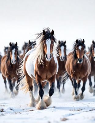 Primary subject: A brown and white horse with a long mane.

Setting/background: A snowy field with other horses in the background.

Visual style: A photo of the horse in motion.

Colors and mood: The image is in black and white, giving it a classic and timeless feel. The snowy field adds a sense of tranquility and beauty to the scene.
