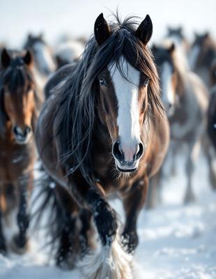 The primary subject of the image is a brown horse with a white stripe on its face, standing in a snowy field. The horse appears to be walking or running through the snow, with its mane blowing in the wind. The setting is a snowy field, and the visual style is a photo. The dominant colors in the image are brown, white, and shades of gray, creating a cold and wintry atmosphere.