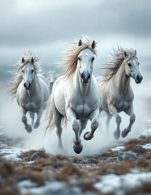 Primary subject: A group of four white horses running together in a field.

Setting/background: The horses are running through a grassy field, with a sky background.

Visual style: The image is a photo of the horses in motion.

Colors and mood: The horses are white, and the overall atmosphere is energetic and dynamic.