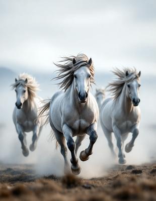 The primary subject of the image is a group of four white horses running together in a field. The setting is a grassy area with a sky background, creating a natural and open atmosphere. The visual style is a photo, capturing the horses in motion and their surroundings. The colors are predominantly white, which adds to the overall mood of the image, conveying a sense of freedom and energy.