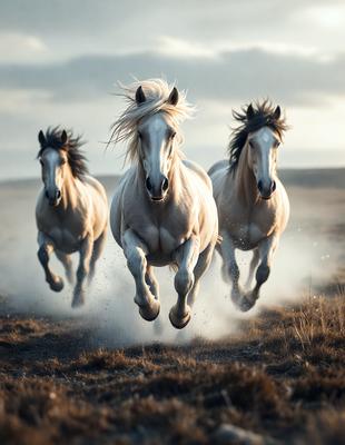 Primary subject: Three white horses running in a field.

Setting/background: The horses are running in a grassy field, with a sky background.

Visual style: The image is a photo of the three horses in motion.

Colors and mood: The image is in black and white, giving it a classic and timeless feel. The horses' white coats contrast with the darker background, creating a sense of motion and energy.