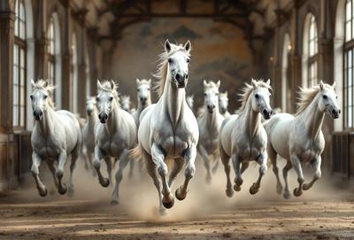 Primary subject: A group of white horses running in a dirt-covered courtyard.

Setting/background: The horses are running in a courtyard with a stone building in the background.

Visual style: The image is a photo of the horses running.

Colors and mood: The image has a sepia tone, giving it a warm and nostalgic atmosphere.