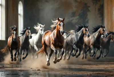 Primary subject: A brown horse running in a dirt-covered arena.

Setting/background: The horse is running in front of a wall, which could be a part of a building or a standalone structure.

Visual style: The image is a digital artwork, featuring a brown horse in motion.

Colors and mood: The image has a sepia tone, giving it a warm and nostalgic atmosphere.