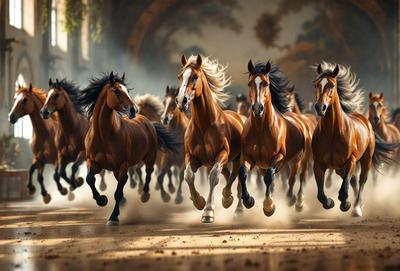 Primary subject: Horses
Setting/background: A dirt road
Visual style: Digital art
Colors and mood: The image is in black and white, giving it a classic and timeless feel.