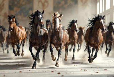 Primary subject: Horses
Setting/background: Dusty road
Visual style: Photo
Colors and mood: Brown and dusty