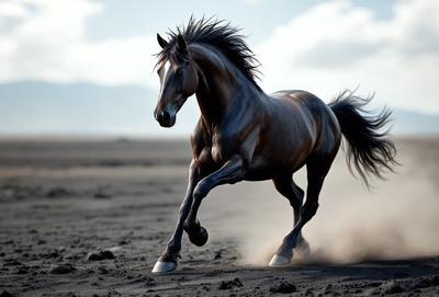 Primary subject: A brown horse running on a dirt field.

Setting/background: The horse is running on a dirt field, with a mountain in the background.

Visual style: The image is a photo of the horse running.

Colors and mood: The image has a sepia tone, giving it a warm and nostalgic atmosphere.