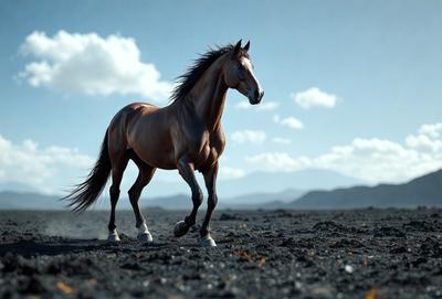 Primary subject: A brown horse with a flowing mane.

Setting/background: A barren, rocky landscape with a cloudy sky.

Visual style: Digital art.

Colors and mood: The image is in black and white, giving it a dramatic and moody atmosphere.