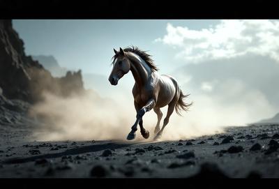 Primary subject: A horse running on a dirt road.

Setting/background: The horse is running on a dirt road, with a mountain in the background.

Visual style: The image is a digital art or illustration of a horse running.

Colors and mood: The image has a sepia tone, giving it a vintage and nostalgic feel.