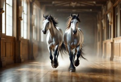Primary subject: Two horses running down a hallway.

Setting/background: The hallway is dimly lit, and the horses are running down the middle of the room.

Visual style: The image is a photo of the two horses running.

Colors and mood: The image has a black and white color scheme, giving it a classic and timeless feel. The horses' movement and the dim lighting create a sense of energy and excitement.