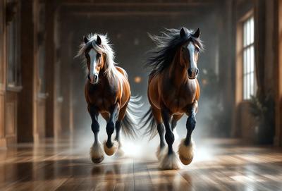 Primary subject: Two brown and white horses running in a room.

Setting/background: The room appears to be a barn or a similar indoor space.

Visual style: The image is a digital art or illustration of the two horses.

Colors and mood: The dominant colors are brown and white, and the overall atmosphere is energetic and dynamic.