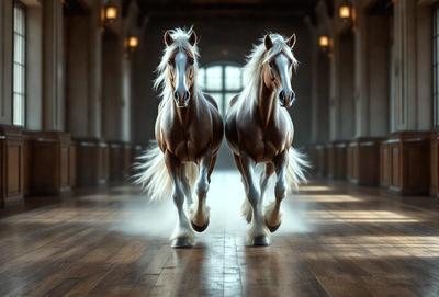 The primary subject of the image is two horses walking down a hallway. The setting is a hallway with a wooden floor, and the visual style appears to be a photo. The colors in the image are predominantly brown and white, giving the scene a warm and natural atmosphere.