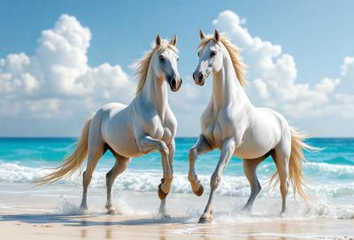The primary subject of the image is two white horses running on a beach. The setting is a beautiful beach with a clear blue sky and clouds in the background. The visual style of the image is a digital art or illustration, creating a vibrant and lively atmosphere. The colors and mood of the image are predominantly white and blue, with a sense of freedom and joy as the horses run along the shore.