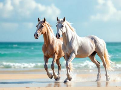 The primary subject of the image is two horses running on a beach. The setting is a sandy beach with the ocean in the background. The visual style is a photo, capturing the horses in motion. The colors and mood of the image are predominantly warm and vibrant, with the horses' white and brown coats contrasting against the sandy beach and the blue ocean.
