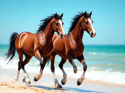 The primary subject of the image is two brown horses running on a beach. The setting is a sandy beach with the ocean in the background. The visual style is a photo, capturing the horses in motion. The colors and mood of the image are warm and energetic, as the horses are running and enjoying their time on the beach.