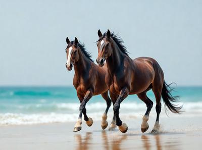 The primary subject of the image is two brown horses running on a beach. The setting is a sandy beach with the ocean in the background. The visual style is a photo, capturing the horses in motion. The colors and mood of the image are warm and energetic, as the horses gallop along the shoreline.