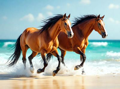 The primary subject of the image is two brown horses running on a beach. The setting is a sandy beach with the ocean in the background. The visual style is a photo, capturing the horses in motion. The colors and mood of the image are warm and energetic, as the horses are running and enjoying their time on the beach.