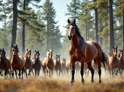 Primary subject: A brown horse with a white stripe on its face.

Setting/background: A forest with many trees.

Visual style: A photo of the horse in the forest.

Colors and mood: The horse has a brown and white color, and the forest has a natural and serene atmosphere.
