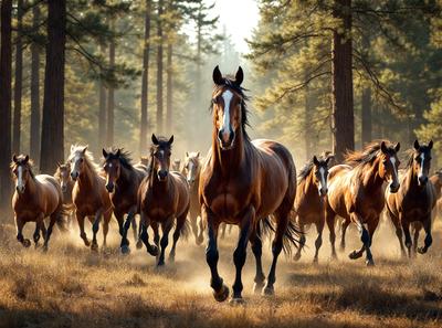 Primary subject: A brown horse with a white stripe on its face.

Setting/background: A forest with trees and grass.

Visual style: A photo of the horse in motion.

Colors and mood: The horse is brown with a white stripe on its face, and the forest has a natural and serene atmosphere.