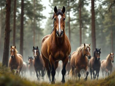 Primary subject: A brown horse with a white stripe on its face.

Setting/background: A forest with many trees.

Visual style: A photo of the horse in the forest.

Colors and mood: The horse is brown with a white stripe on its face, and the forest has a natural and serene atmosphere.