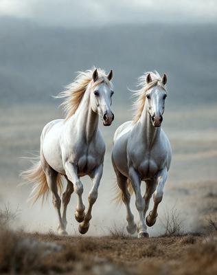 Primary subject: Two white horses running in a field.

Setting/background: The horses are running in a field with grass, and there is a hill in the background.

Visual style: The image is a photo of the two horses running in the field.

Colors and mood: The image has a warm and natural color palette, with the white horses and the green grass creating a sense of freedom and energy.