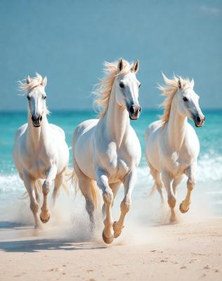 The primary subject of the image is a group of three white horses running on a beach. The setting is a sandy beach with the ocean in the background. The visual style is a photo, capturing the horses in motion. The colors and mood of the image are predominantly white, with the horses' manes and tails adding a touch of color. The overall atmosphere is energetic and dynamic, as the horses run freely along the shoreline.