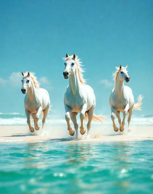Primary subject: Three white horses running on a beach.

Setting/background: The beach is the main environment, with the ocean in the background.

Visual style: The image is a photo of the three white horses running on the beach.

Colors and mood: The dominant colors are white, which gives the image a clean and serene atmosphere.