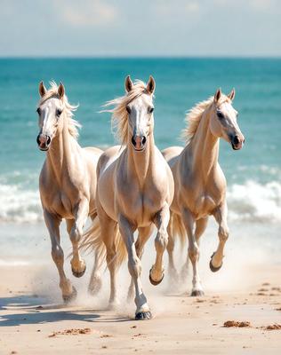 Primary subject: Three white horses running on the beach.

Setting/background: The beach, with the ocean in the background.

Visual style: The image is a photo of the three horses running on the beach.

Colors and mood: The image is in black and white, giving it a classic and timeless feel. The horses' white coats contrast with the darker tones of the beach and ocean, creating a sense of motion and energy.