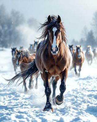 Primary subject: A brown horse with a white face running through the snow.

Setting/background: The horse is running through a snowy field, with a mountain in the background.

Visual style: The image is a photo of the horse in motion.

Colors and mood: The dominant colors are white, brown, and black, with a cold and snowy atmosphere.
