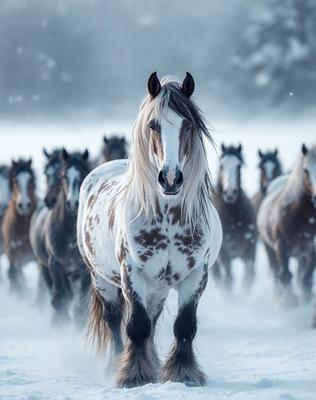 Primary subject: A white and brown spotted horse with a long mane.

Setting/background: A snowy field with a herd of horses.

Visual style: A photo of the horse in the snow.

Colors and mood: The image is in black and white, giving it a classic and timeless feel. The snowy field and the horses' coats create a serene and peaceful atmosphere.
