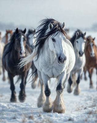 The primary subject of the image is a white horse with a black mane, standing in a snowy field. The horse appears to be running or galloping, with its mane flowing in the wind. The setting is a snowy field, and the visual style is a photo. The dominant colors in the image are white and black, with the white horse contrasting against the snowy background. The overall atmosphere of the image is dynamic and captivating, showcasing the beauty and power of the horse in its natural environment