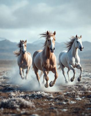 Primary subject: Three horses running in a field.

Setting/background: A field with mountains in the background.

Visual style: A photo of the three horses running.

Colors and mood: The image is in black and white, giving it a classic and timeless feel. The horses are the main focus, and their movement and energy are captured in the photo.