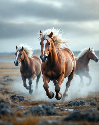 Primary subject: A group of three horses running through a field.

Setting/background: The horses are running through a grassy field, with a sky background.

Visual style: The image is a photo of the horses in motion.

Colors and mood: The image has a vibrant and energetic atmosphere, with the horses' colors and the grassy field creating a lively scene.