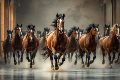 Primary subject: A brown horse running on a dirt road.

Setting/background: The horse is running on a dirt road, with a dusty environment surrounding it.

Visual style: The image is a photo of the horse running.

Colors and mood: The dominant colors are brown and dusty, creating a sense of motion and energy.