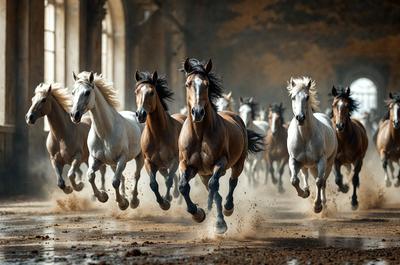 Primary subject: Horses
Setting/background: Dirt road
Visual style: Photo
Colors and mood: Brown and white, dynamic motion