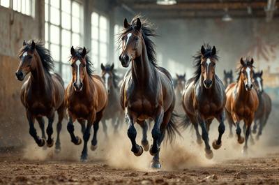 Primary subject: Horses
Setting/background: A dirt ground
Visual style: Photo
Colors and mood: Brown and black, with a dusty and energetic atmosphere.