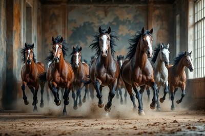 Primary subject: Horses
Setting/background: A dirt ground
Visual style: Photo
Colors and mood: Brown and black, with a dusty and dirt-filled atmosphere.