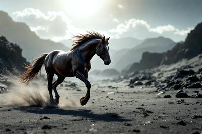 Primary subject: A horse running on a dirt field.

Setting/background: The horse is running on a dirt field with mountains in the background.

Visual style: The image is a photo of the horse running.

Colors and mood: The image has a sepia tone, giving it a vintage and nostalgic feel.