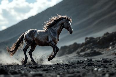 Primary subject: A horse running on a rocky surface.

Setting/background: The horse is running on a rocky hillside, with a mountainous background.

Visual style: The image is a black and white photo.

Colors and mood: The image has a dramatic and moody atmosphere, with the black and white color scheme adding to the intensity of the scene.