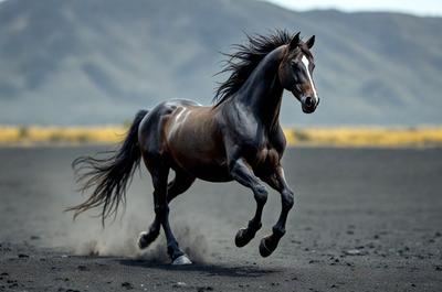 Primary subject: A horse running on a dirt road.

Setting/background: The horse is running on a dirt road, with mountains visible in the background.

Visual style: The image is a photo of the horse running.

Colors and mood: The image has a black and white color scheme, giving it a classic and timeless feel. The horse's movement and the dirt road create a sense of energy and freedom.